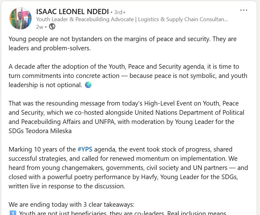 Isaac leonel Ndedi LinkedIn Post