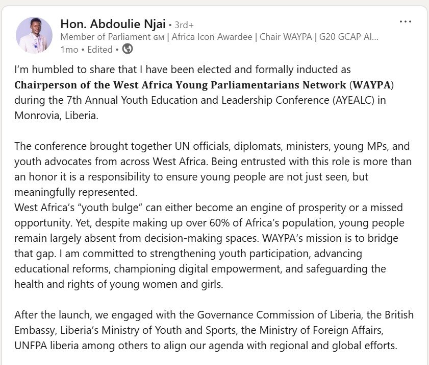 Hon. Abdoulie Njai LinkedIn Post