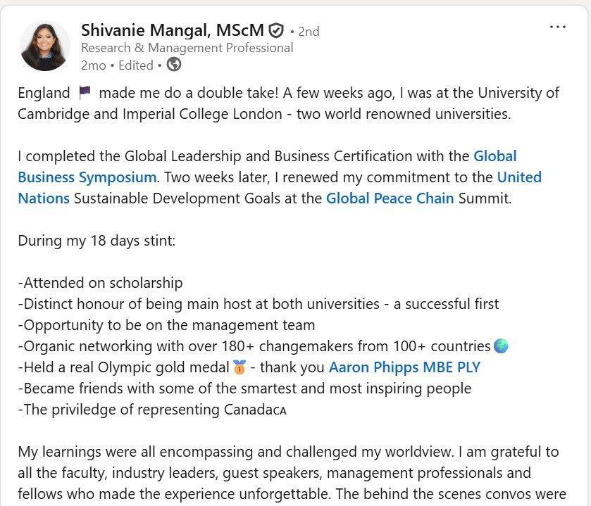 Shivanie Mangal, MScM LinkedIn Post