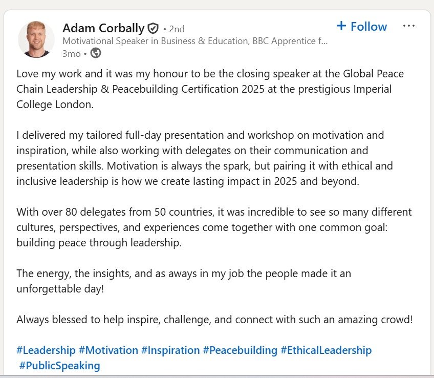 Adam Corbally LinkedIn Post
