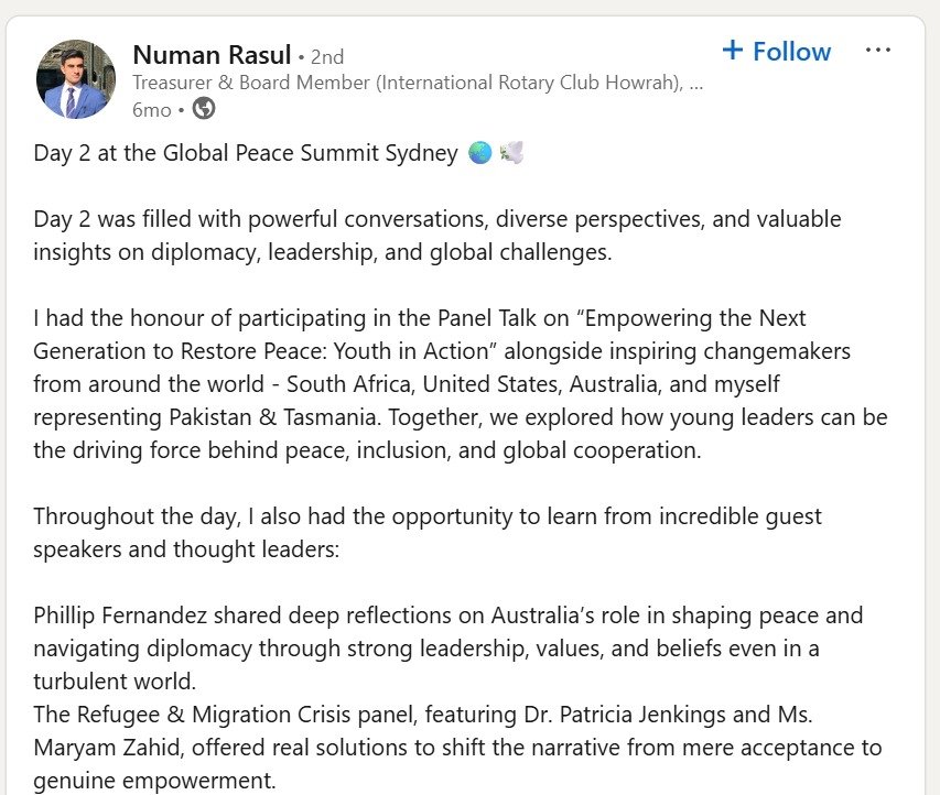 Numan Rasul LinkedIn Post
