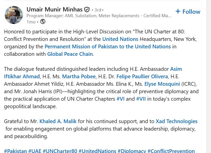 Umair Munir Minhas LinkedIn Post
